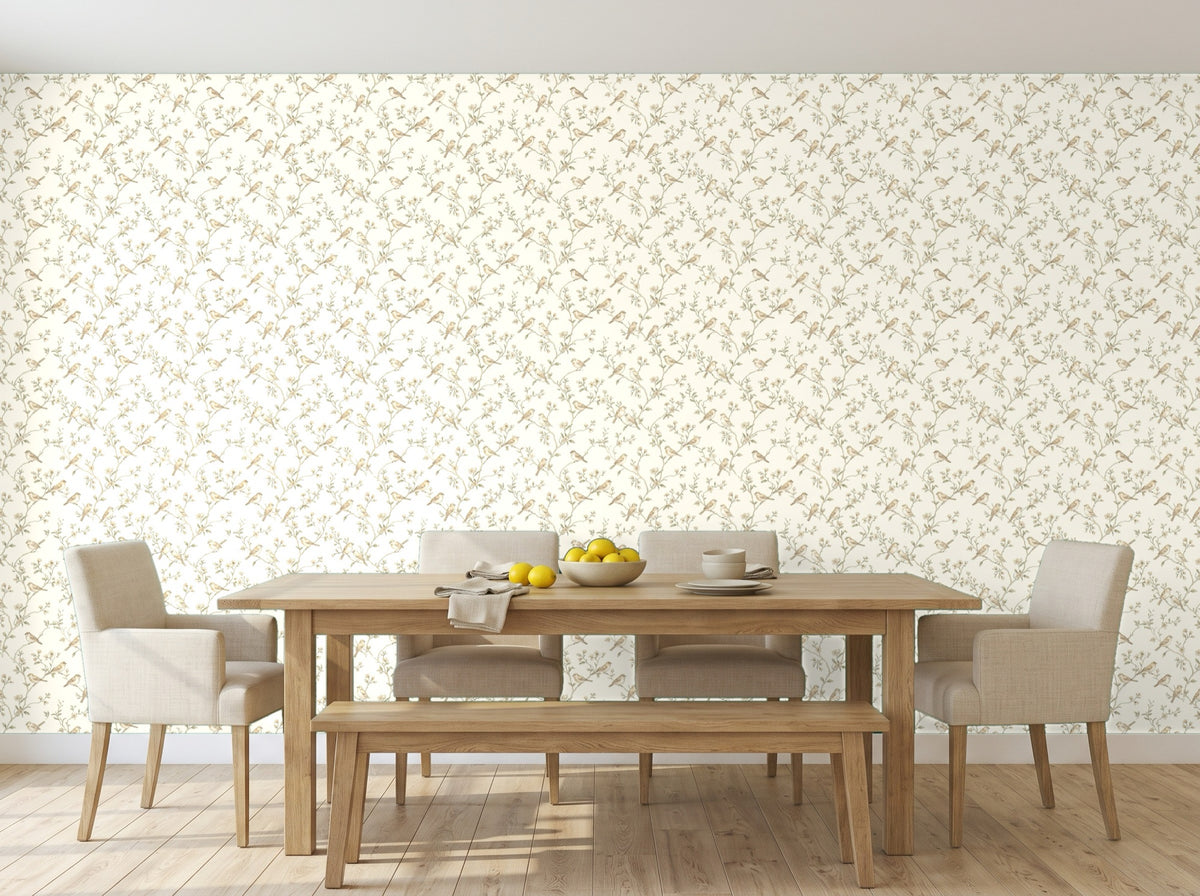 Papier peint Oiseaux sur branches – Sauge en situation (salle à manger)