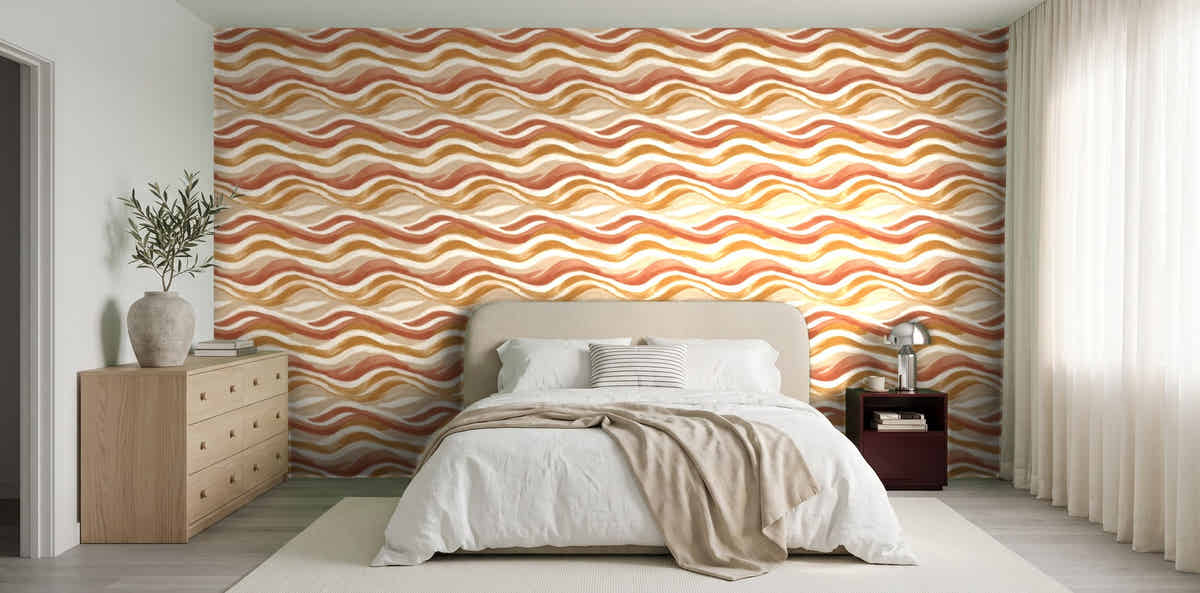 Papier peint Ondes terreuses – Terracotta dans une chambre japandi