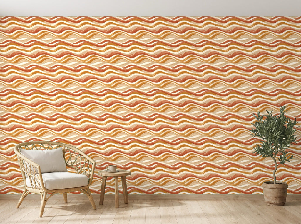 Papier peint Ondes terreuses – Terracotta en situation (salon)