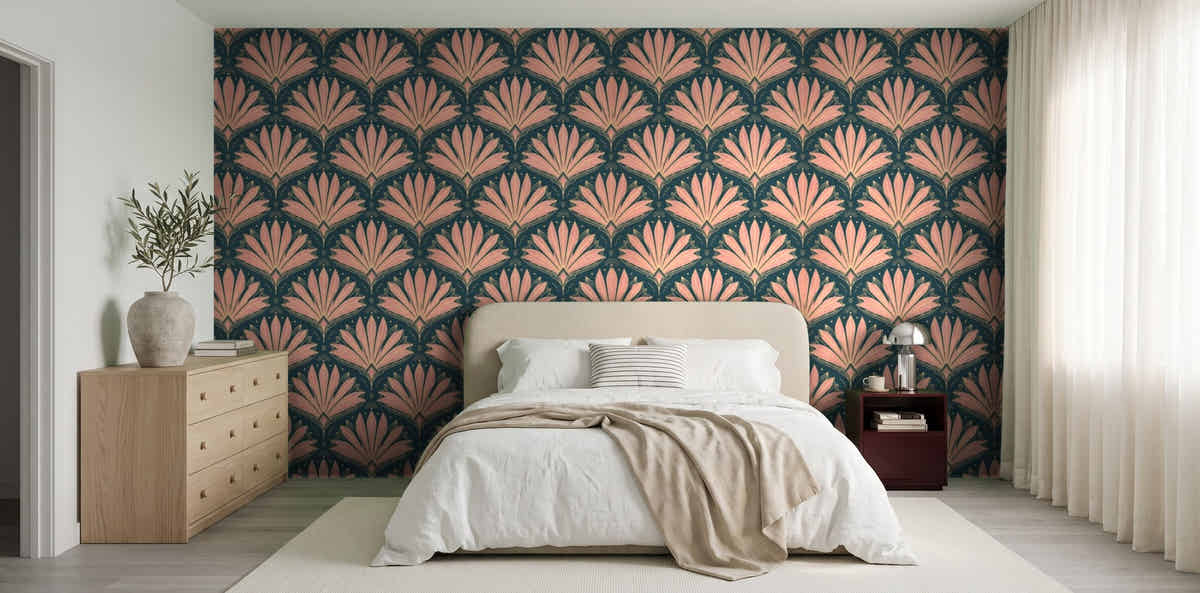 Papier peint Palmes Art déco – Canard & rose dans une chambre japandi