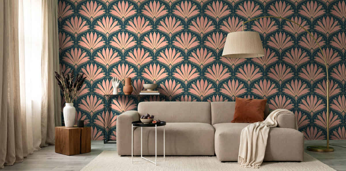 Papier peint Palmes Art déco – Canard & rose dans un salon avec lampadaire arc