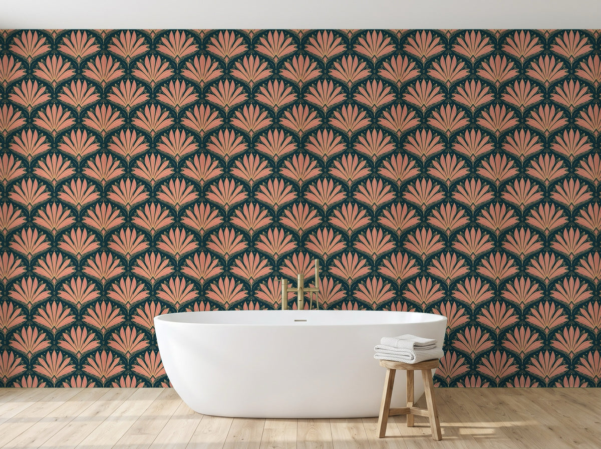 Papier peint Palmes Art déco – Canard & rose en situation (salle de bain)