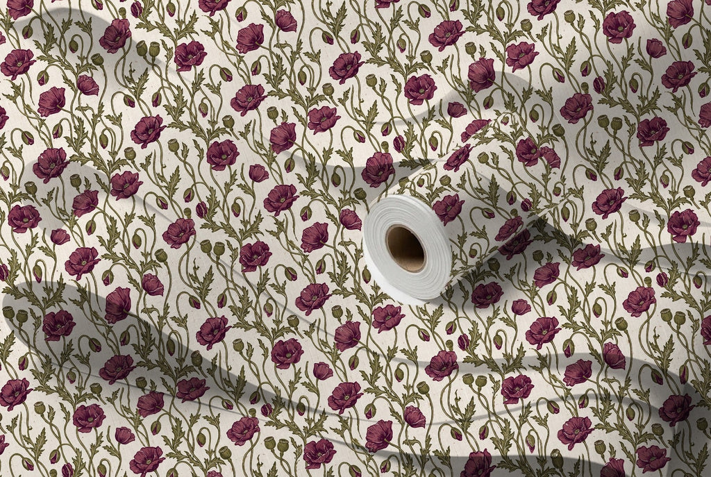 Papier peint Pavots héritage – Prune & olive – rouleau et lés