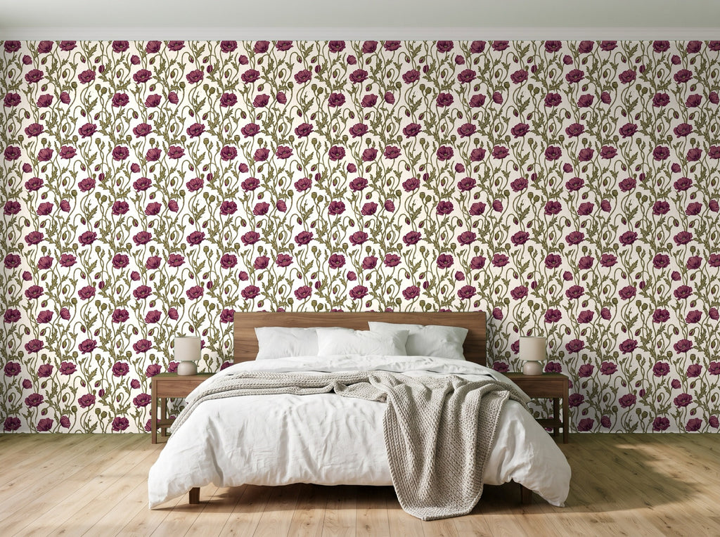 Papier peint Pavots héritage – Prune & olive en situation (chambre)