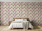 Papier peint Pavots héritage – Prune & olive en situation (chambre)