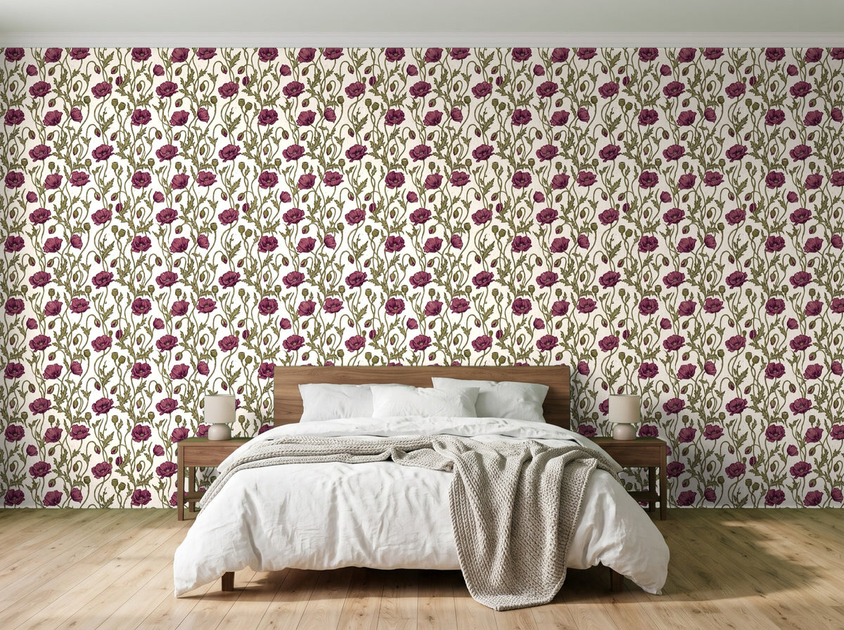 Papier peint Pavots héritage – Prune & olive en situation (chambre)