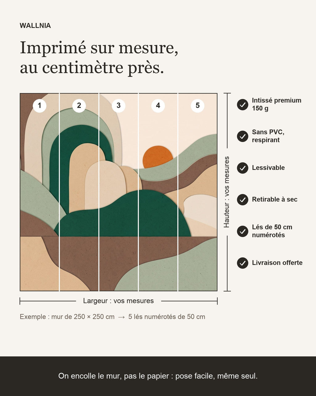 Papier peint Paysage en blocs – Moka & émeraude – infographie de pose