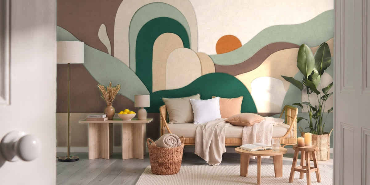 Papier peint Paysage en blocs – Moka & émeraude dans un salon vu par la porte