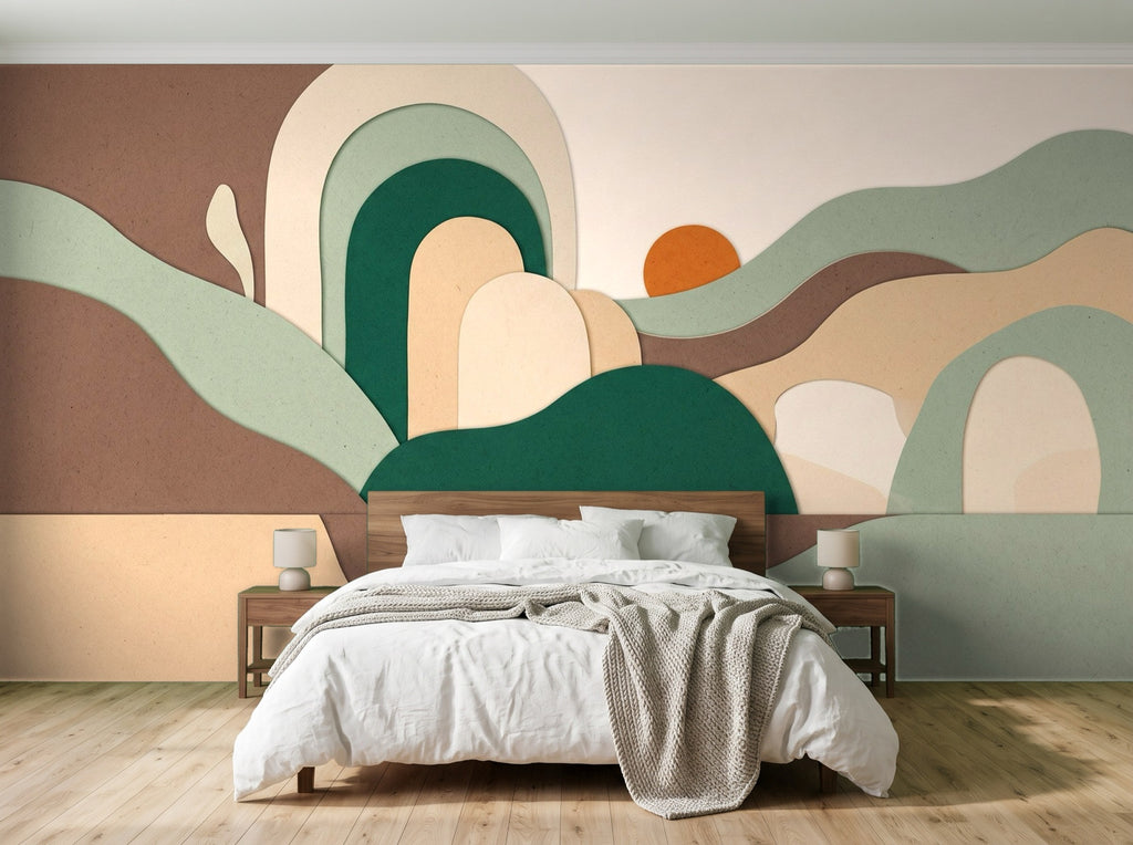 Papier peint Paysage en blocs – Moka & émeraude en situation (chambre)
