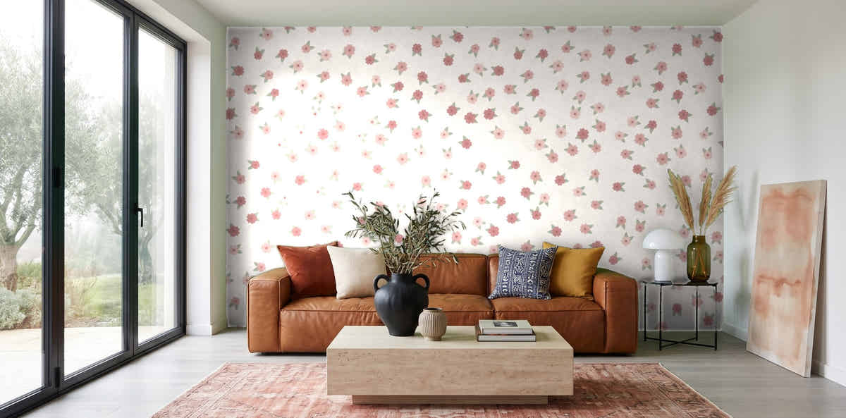 Papier peint Petites fleurs – Poudré dans un salon avec baie vitrée