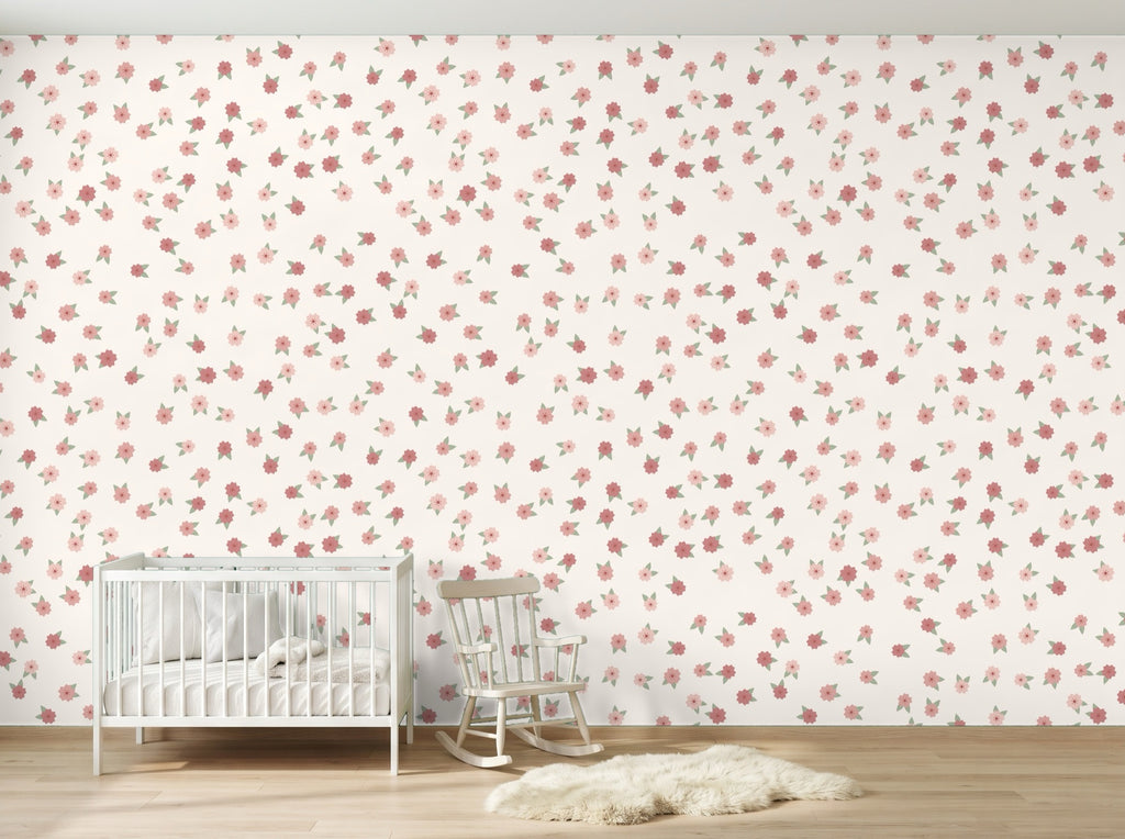 Papier peint Petites fleurs – Poudré en situation (chambre de bébé)