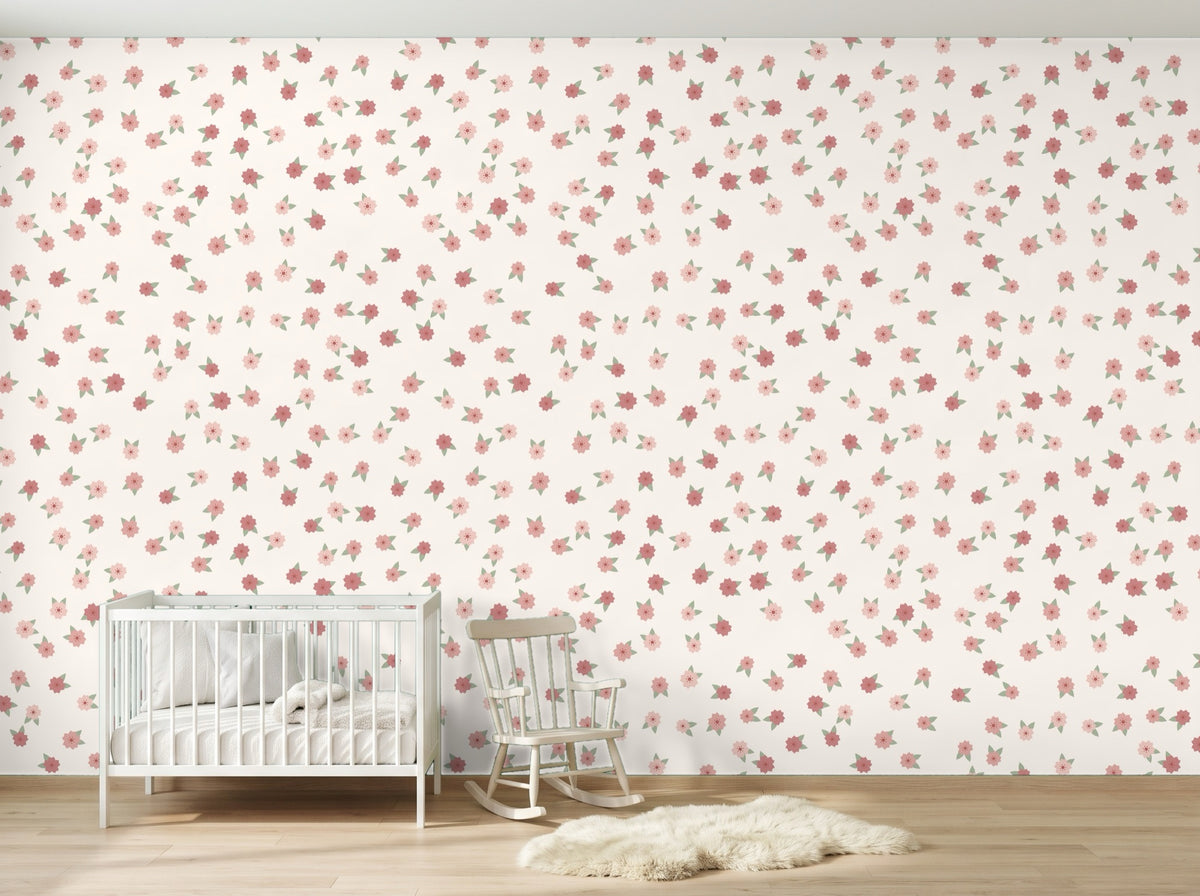 Papier peint Petites fleurs – Poudré en situation (chambre de bébé)