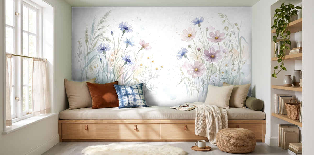 Papier peint Prairie aquarelle – Bleu tendre dans un coin lecture
