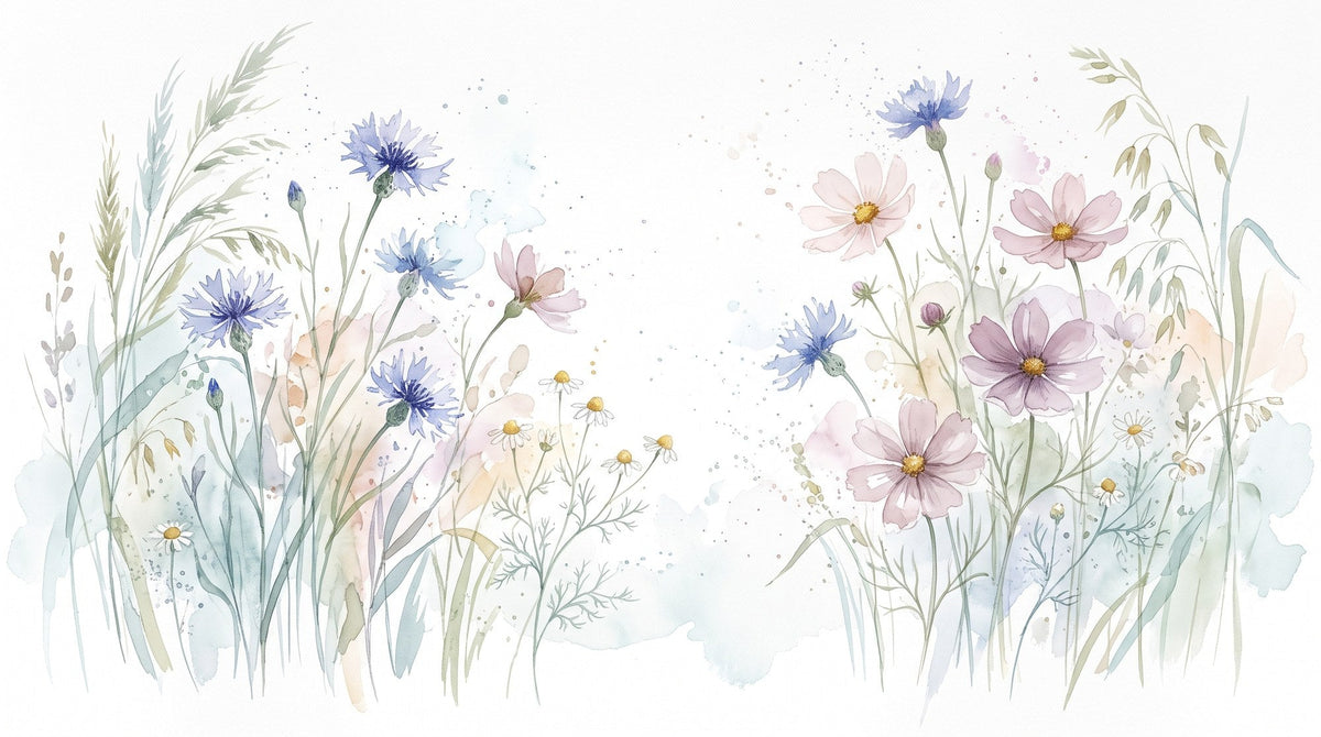 Papier peint Prairie aquarelle – Bleu tendre – motif