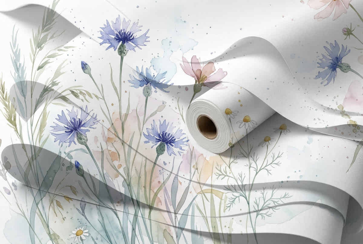 Papier peint Prairie aquarelle – Bleu tendre – rouleau et lés