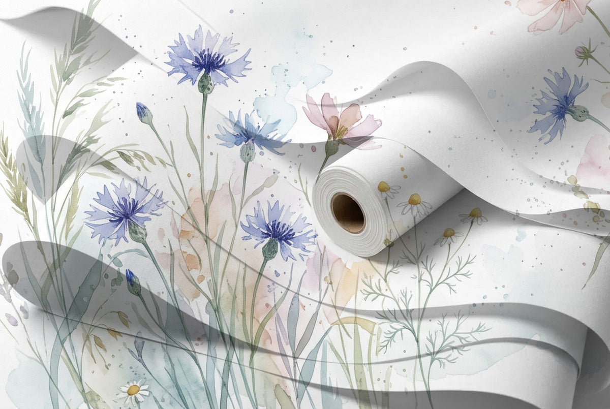 Papier peint Prairie aquarelle – Bleu tendre – rouleau et lés