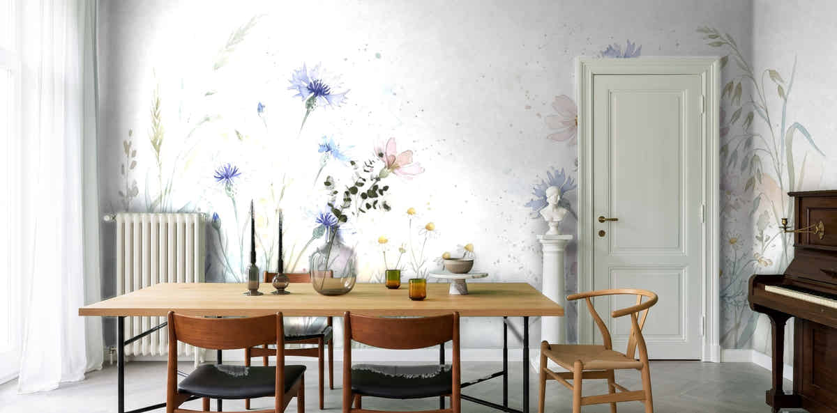 Papier peint Prairie aquarelle – Bleu tendre dans une salle à manger de maison de maître