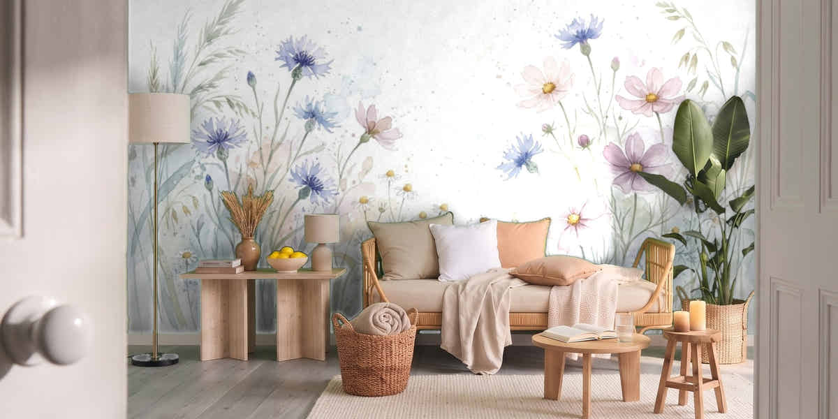 Papier peint Prairie aquarelle – Bleu tendre dans un salon vu par la porte