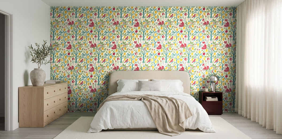 Papier peint Renard au citronnier – Folk dans une chambre japandi