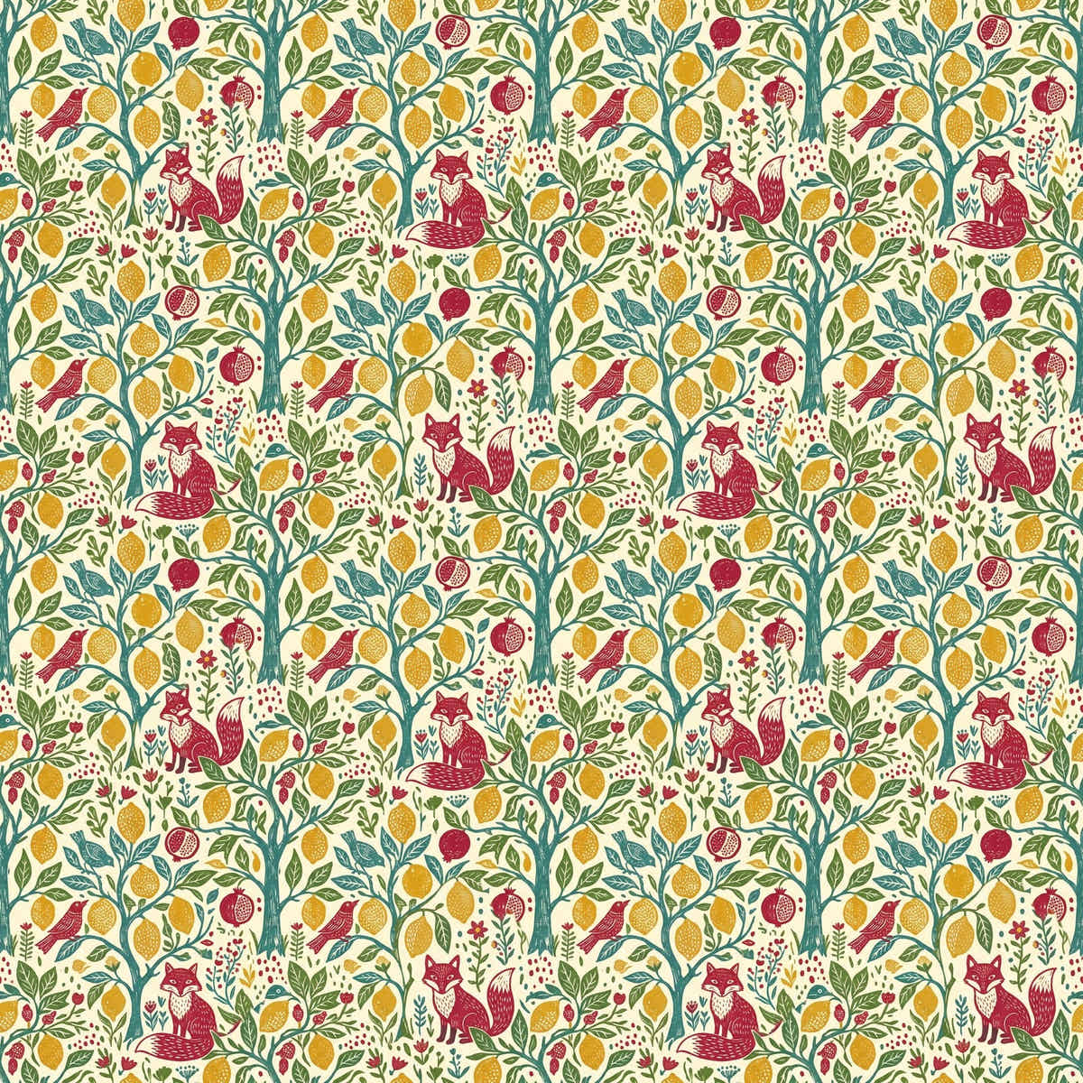 Papier peint Renard au citronnier – Folk – motif