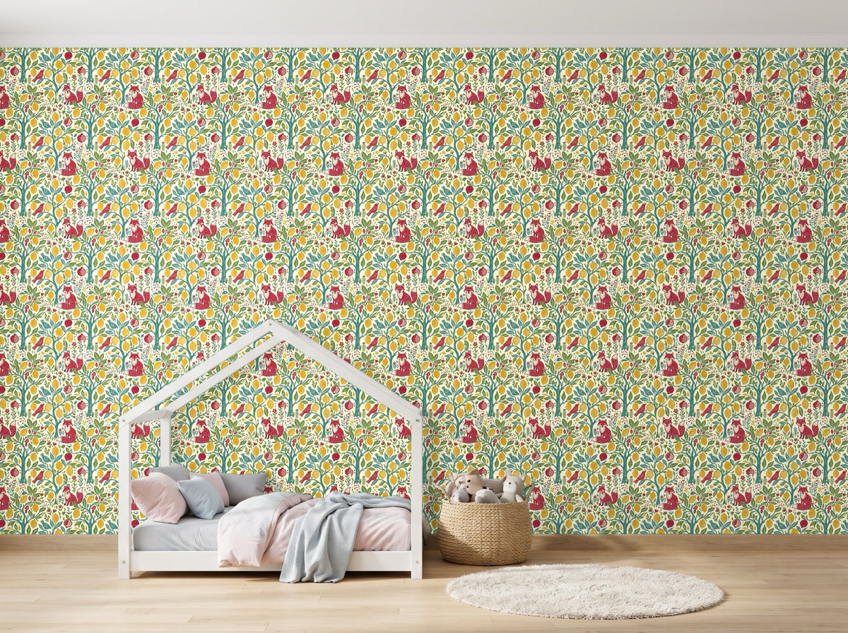 Papier peint Renard au citronnier – Folk en situation (chambre d’enfant)