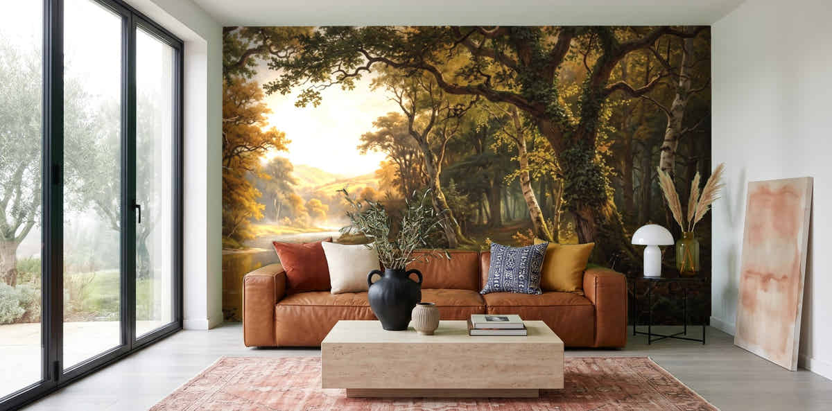 Papier peint Rivière enchantée – Tableau dans un salon avec baie vitrée