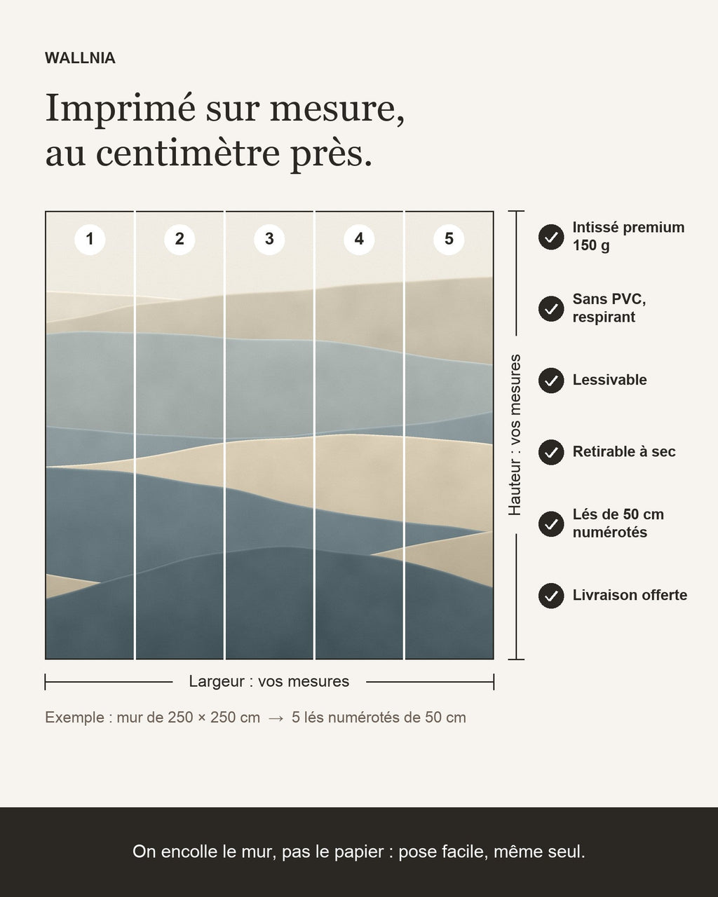 Infographie : papier peint Strates – Sable et ardoise sur mesure, lés de 50 cm