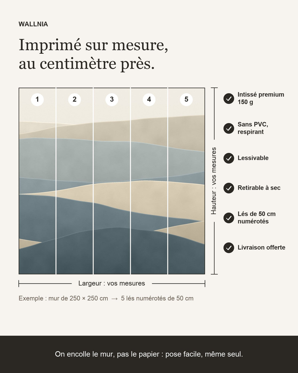 Infographie : papier peint Strates – Sable et ardoise sur mesure, lés de 50 cm