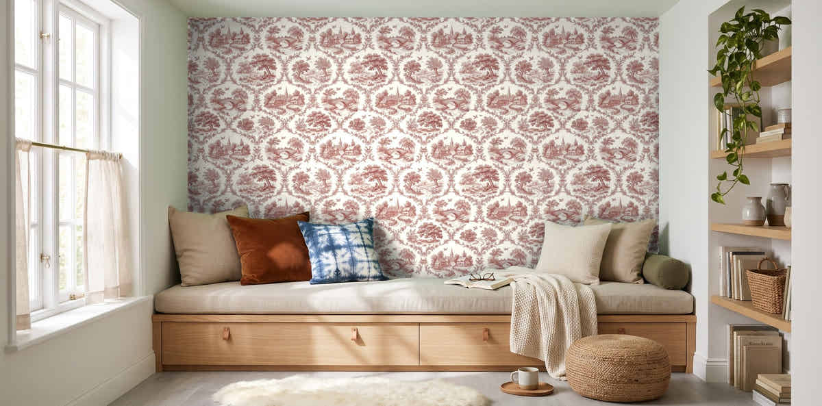 Papier peint Toile de Jouy – Rouge brique dans un coin lecture
