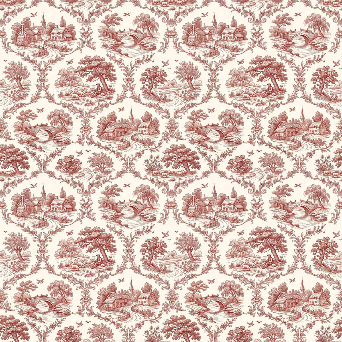 Papier peint Toile de Jouy – Rouge brique – motif