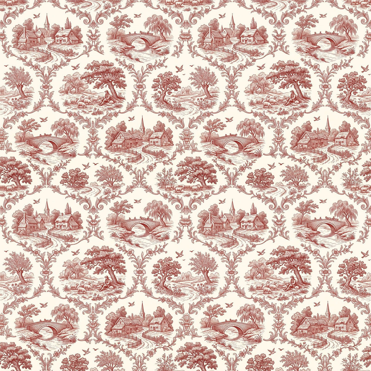 Papier peint Toile de Jouy – Rouge brique – motif