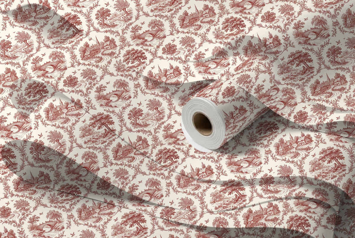 Papier peint Toile de Jouy – Rouge brique – rouleau et lés