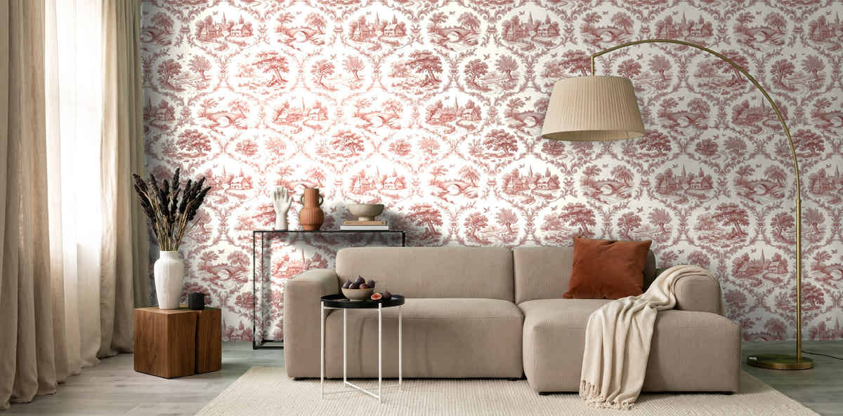 Papier peint Toile de Jouy – Rouge brique dans un salon avec lampadaire arc