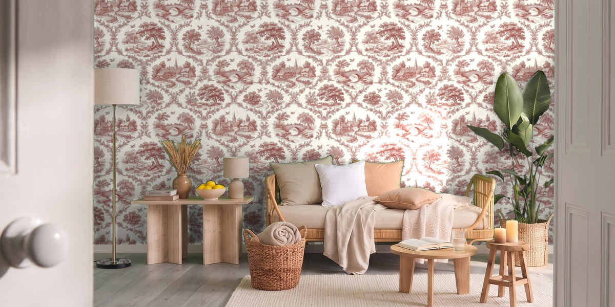 Papier peint Toile de Jouy – Rouge brique dans un salon vu par la porte