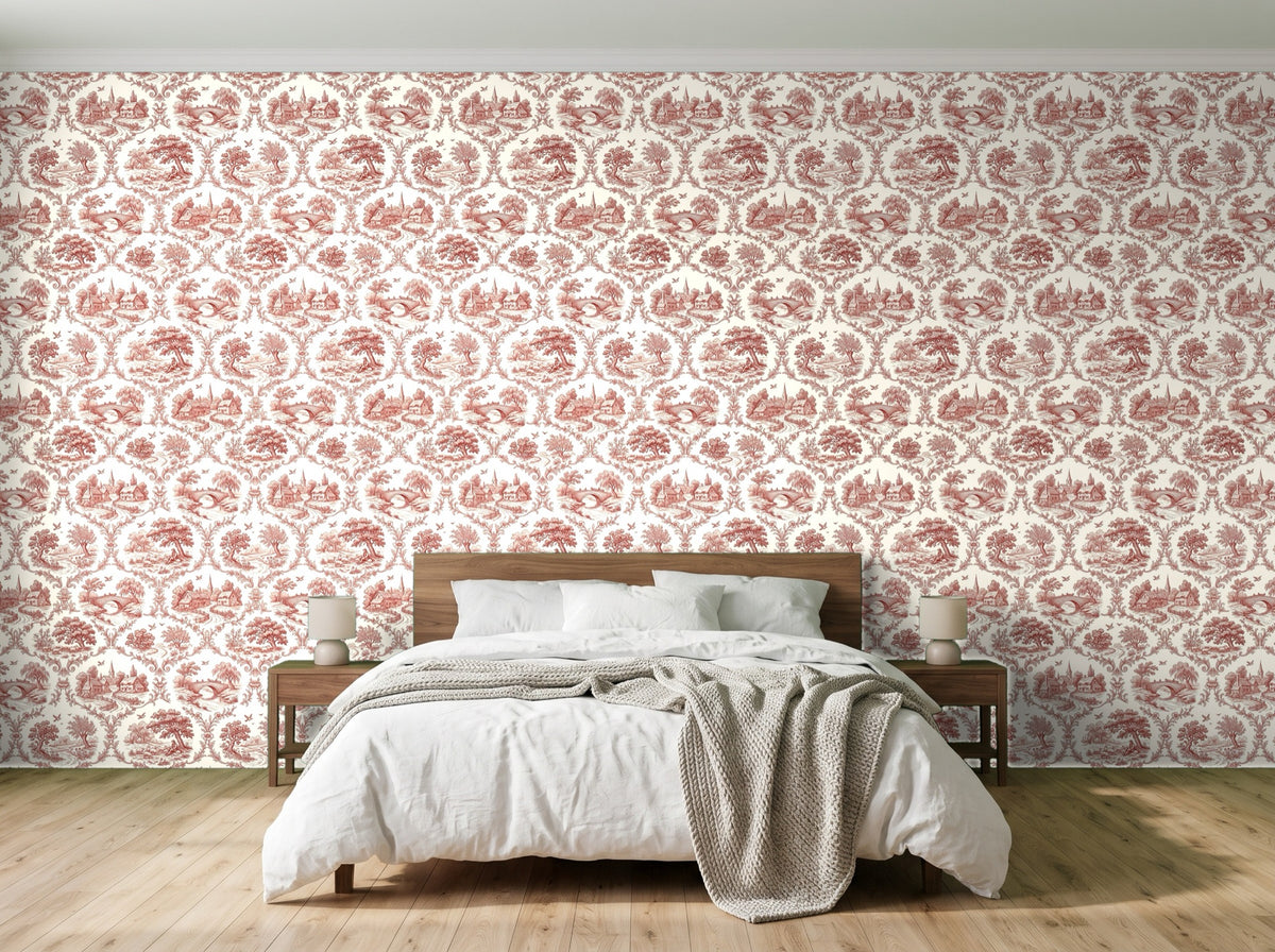Papier peint Toile de Jouy – Rouge brique en situation (chambre)
