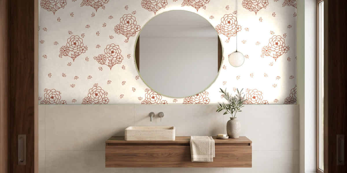 Papier peint Toile florale – Terracotta dans une salle de bain