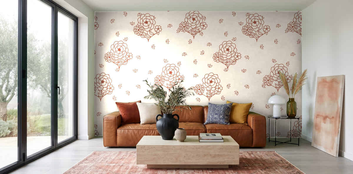 Papier peint Toile florale – Terracotta dans un salon avec baie vitrée