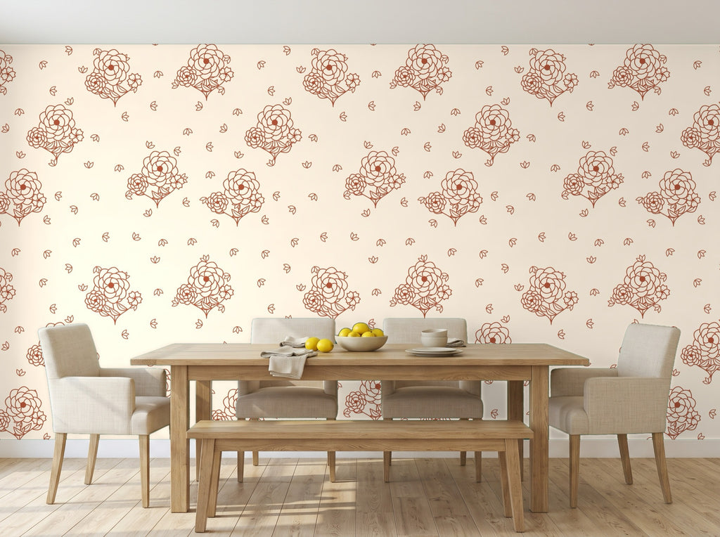Papier peint Toile florale – Terracotta en situation (salle à manger)