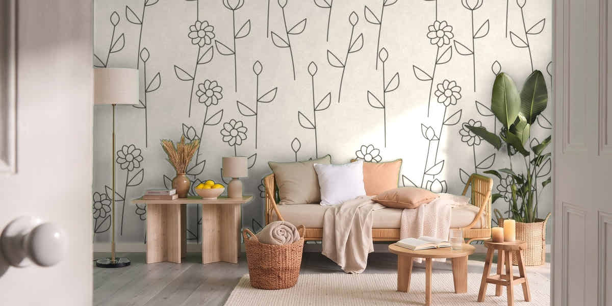 Papier peint Trait japandi – Lin dans un salon vu par la porte