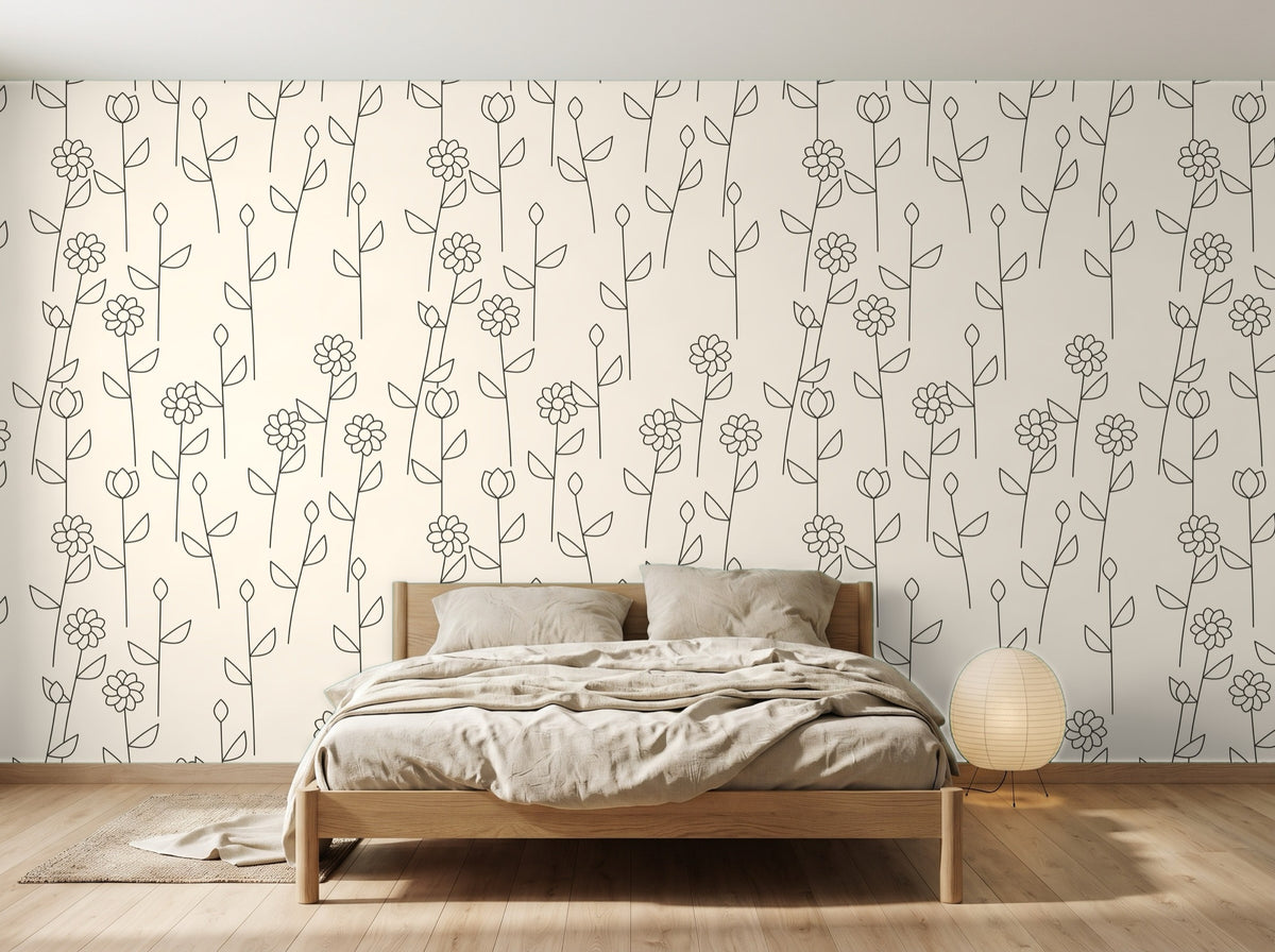 Papier peint Trait japandi – Lin en situation (chambre)