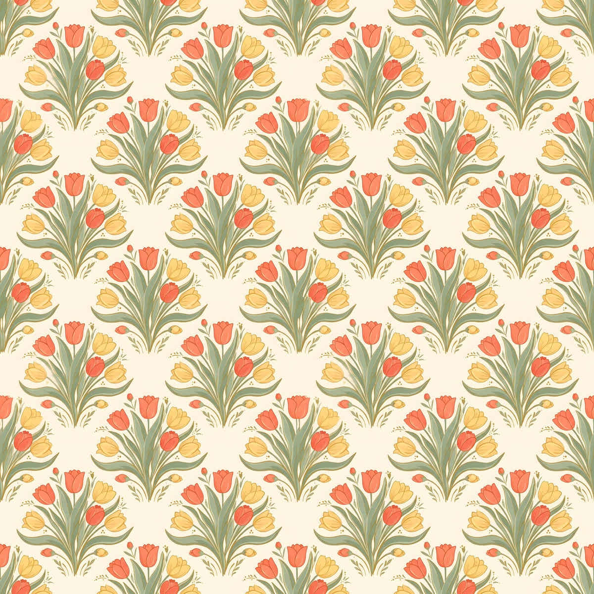 Papier peint Tulipes Art déco – Corail & sauge – motif