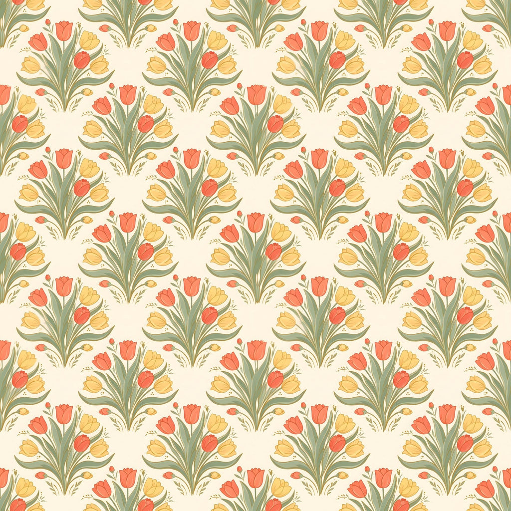 Papier peint Tulipes Art déco – Corail & sauge – motif