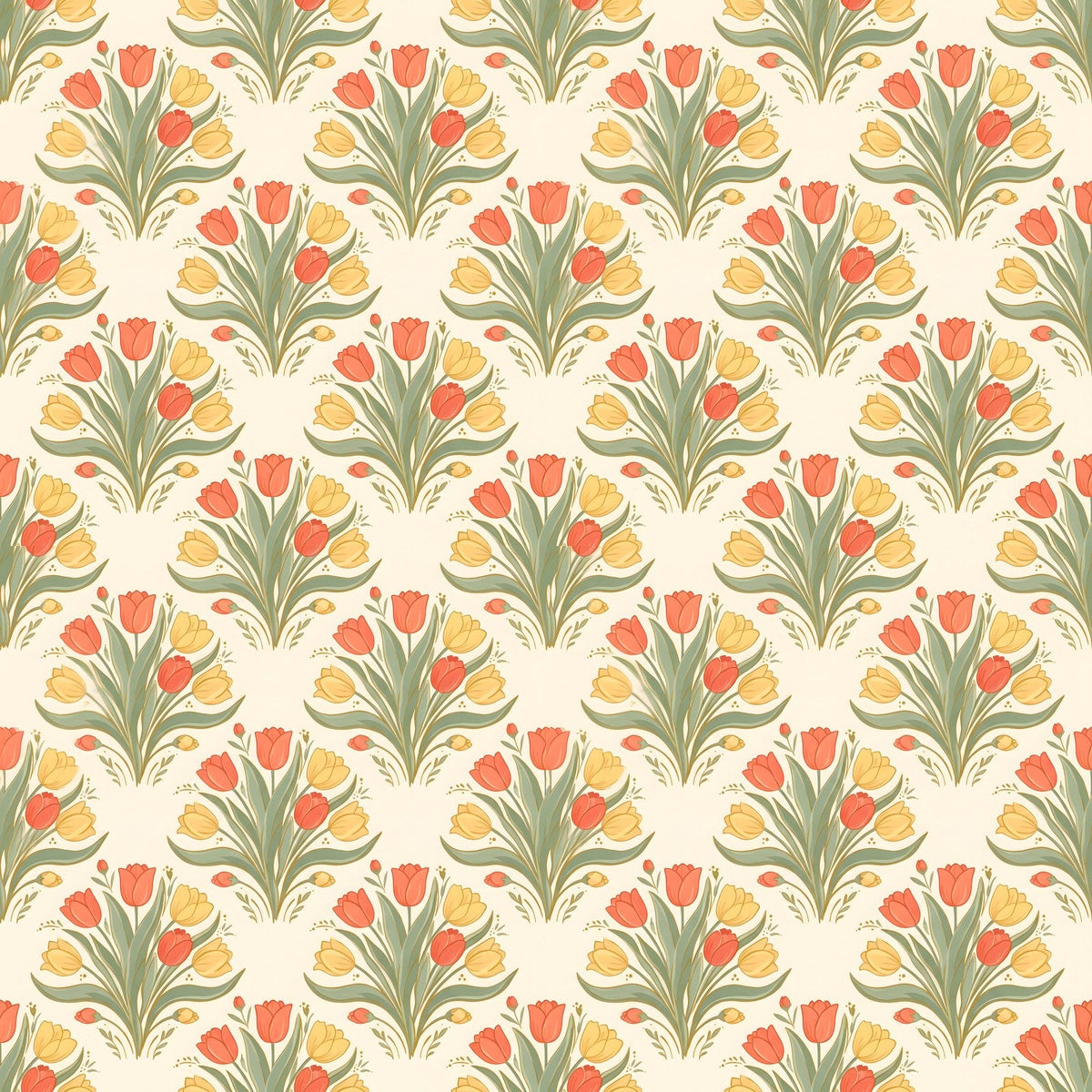 Papier peint Tulipes Art déco – Corail & sauge – motif