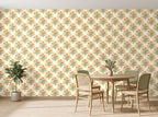 Papier peint Tulipes Art déco – Corail & sauge en situation (salle à manger)