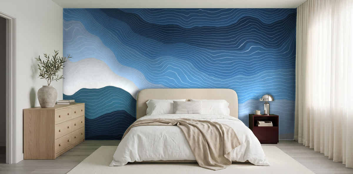 Papier peint Vagues d'encre – Océan dans une chambre japandi