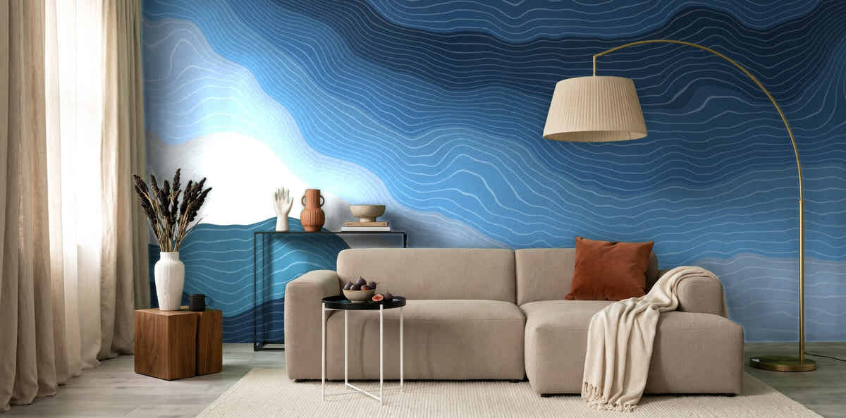 Papier peint Vagues d'encre – Océan dans un salon avec lampadaire arc