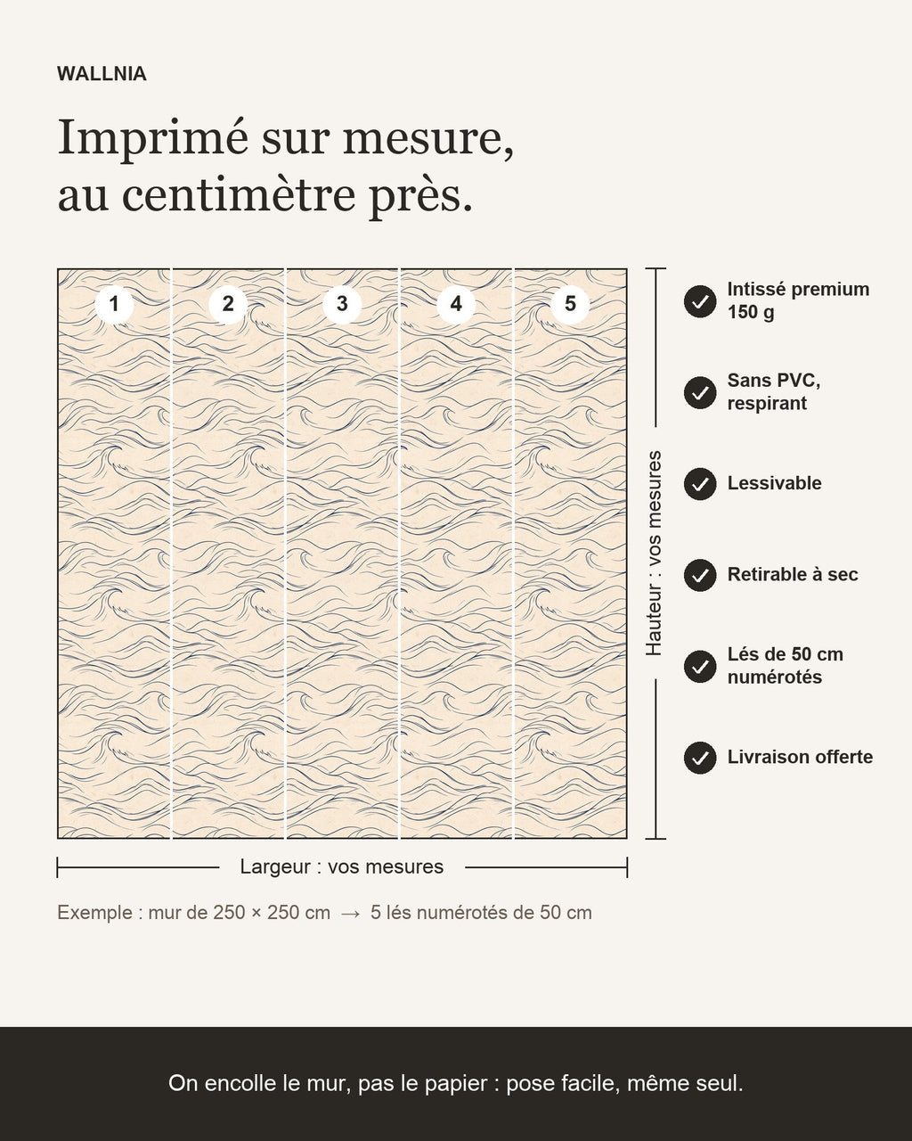 Papier peint Vagues japandi – Indigo – infographie de pose