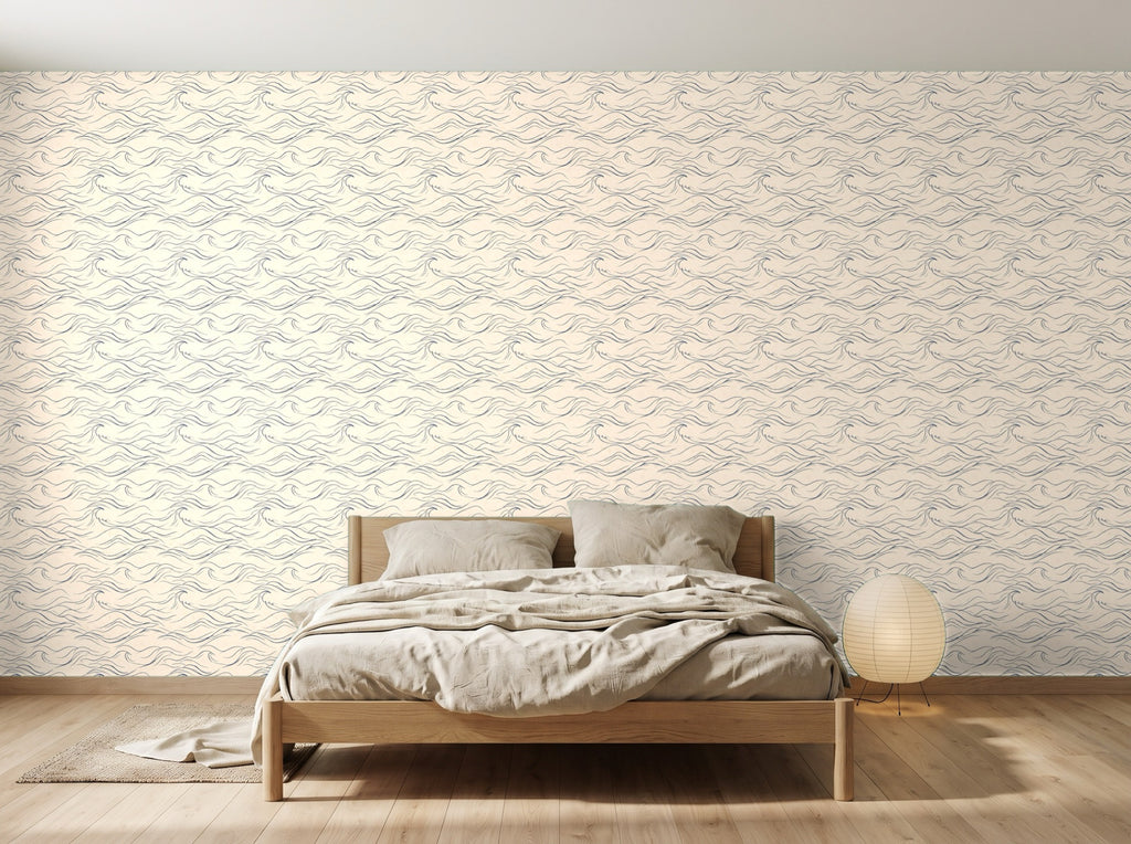 Papier peint Vagues japandi – Indigo en situation (chambre)